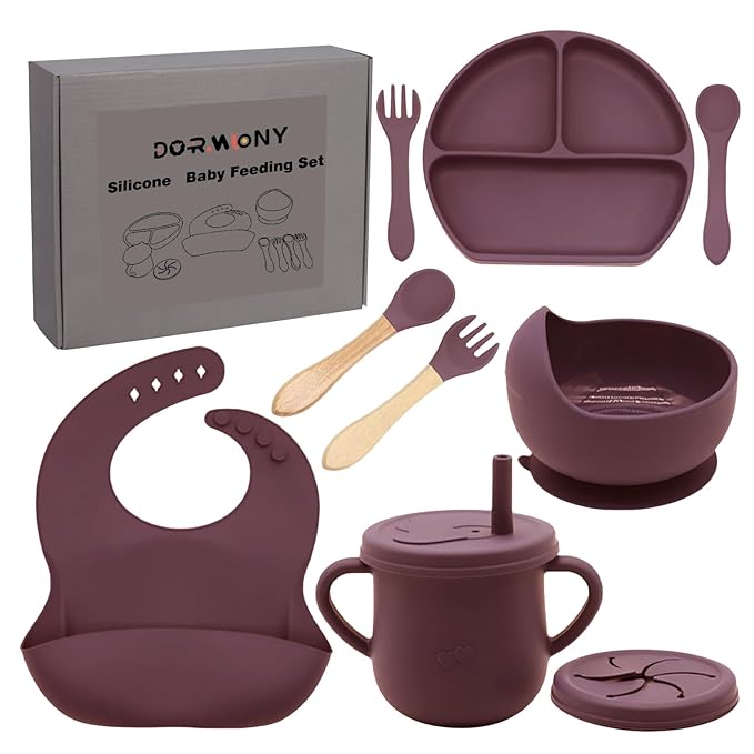100% Silicone Baby Feeding Set,BPA Free Baby Dishes Set with Suction Bowl Divided Plate,Toddler Self Feeding Dish Set with Spoons Forks Sippy Cup and Bib, Baby Eating Utensils(Dark Red)