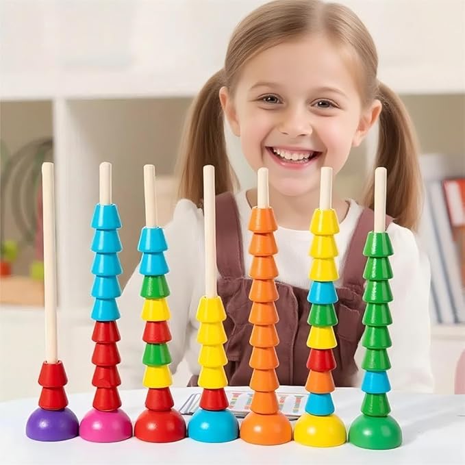 Wooden Stacking Ring Toy Set, Educational Color Pattern Matching Game with Activity Cards, Rainbow Colors,for 3 4 5 Year Old STEM Preschool Learning Montessori Toys Gifts for Kids Boy Girl Toddler