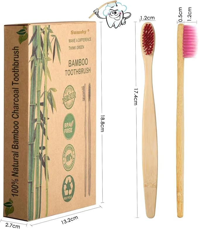 10 Color Soft Bristles Natural Bamboo Toothbrushes Set, Premium BPA Free for Best Clean, Eco-Friendly, Plastic-Free, Vegan, Biodegradable & Compostable Charcoal Wooden