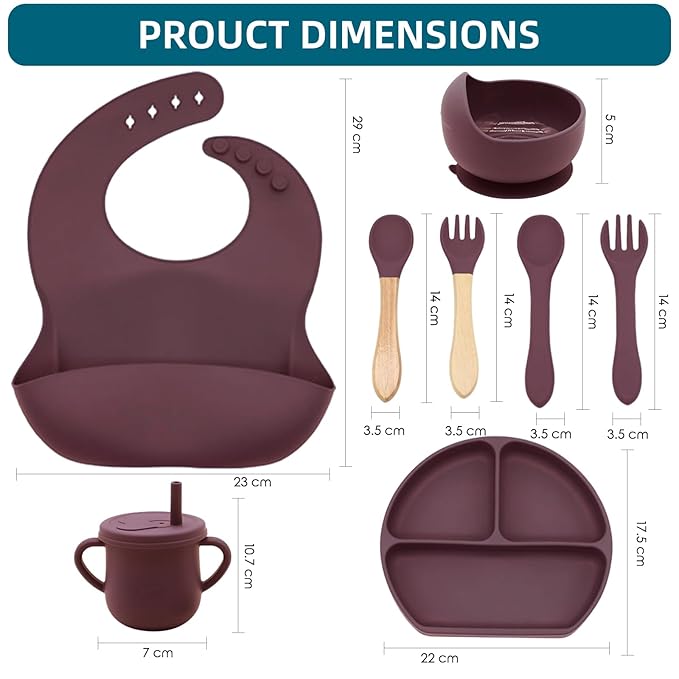 100% Silicone Baby Feeding Set,BPA Free Baby Dishes Set with Suction Bowl Divided Plate,Toddler Self Feeding Dish Set with Spoons Forks Sippy Cup and Bib, Baby Eating Utensils(Dark Red)