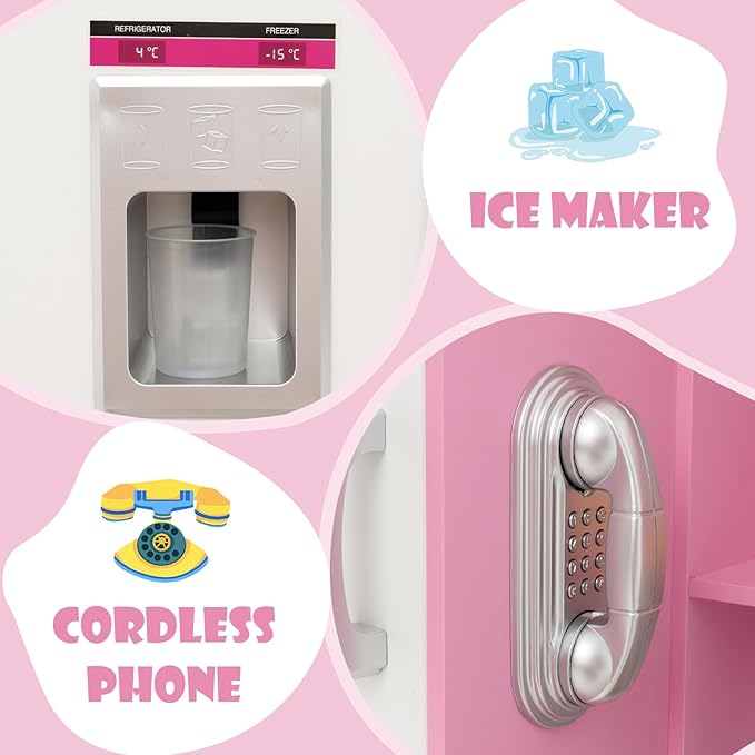 KOTEK Play Kitchen with Lights and Sounds, Wooden Toddler Kitchen Playset w/Ice Maker, Washing Machine, 16 Accessories & Stove, Chef Pretend Play Toy Kitchen Set for Kids Girls & Boys Ages 3+ (Pink)