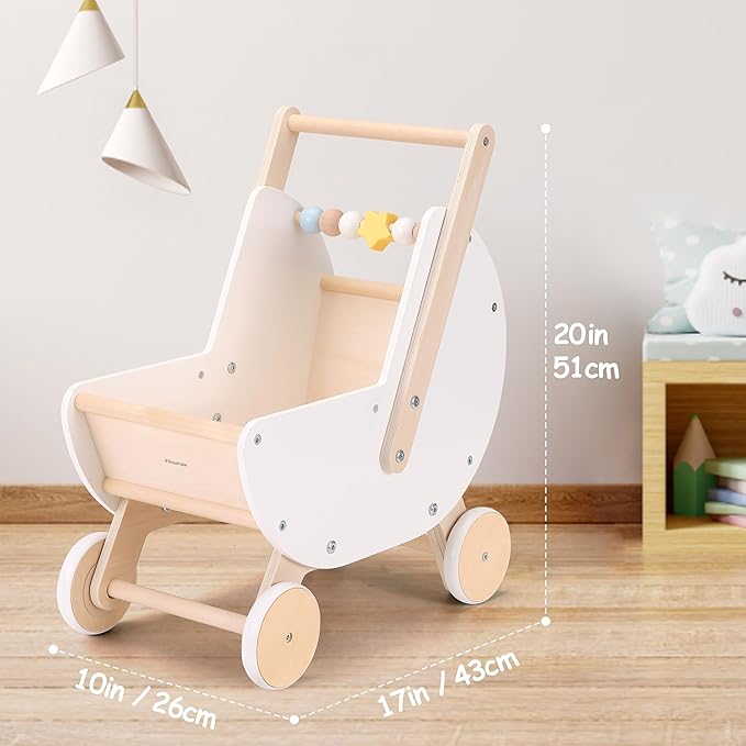 Wooden Baby Walker & Doll Stroller – Adjustable Handle Push Cart, Anti‑Tip, Quiet Wheels, Pretend Shopping Cart – Montessori Wooden Walker for Babies , Doll Stroller for Toddlers 12m+