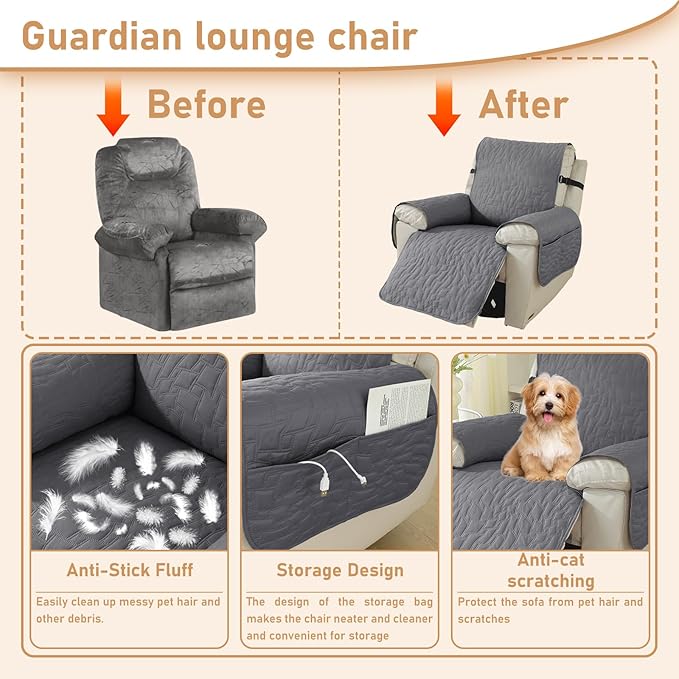 100% Waterproof Recliner Chair Covers for Reclining Chair, Small Recliner Covers That Stay in Place, Non-Slip Recliner Armchair Cover with Pockets for Kids, Pets, Dogs, Cat, Washable,Dark gray