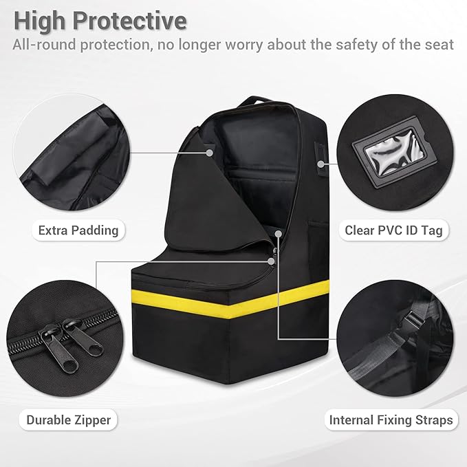 Car Seat Travel Bag - Padded, Comfortable, Durable, Roomy Gate Check Carseat Cover Backpack Fits 3-in-1,Convertible, Booster & Infant Car Seats for Airplane, Airport, Yellow