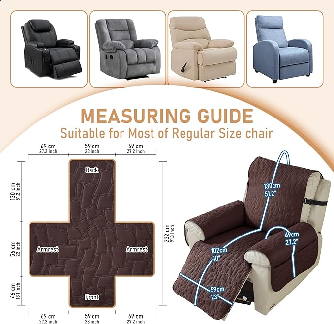 100% Waterproof Recliner Chair Cover, Non Slip Covers for Recliner Chair with Pocket, Washable Recliner Armchair Cover for Kids, Pets, Dog, Cat,Dark Coffee,23IN