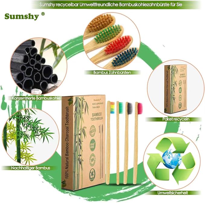 10 Color Soft Bristles Natural Bamboo Toothbrushes Set, Premium BPA Free for Best Clean, Eco-Friendly, Plastic-Free, Vegan, Biodegradable & Compostable Charcoal Wooden
