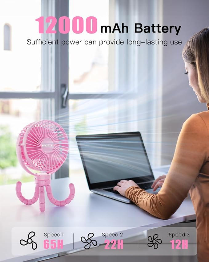 FRIZCOL 12000mAh Portable Stroller Fan, Use As Power Bank, 65H Battery Operated Fan Flexible Tripod Clip On Fans, Detachable Personal Handheld Baby Fans for Stroller, Car seat, Desk, Treadmill(Pink)