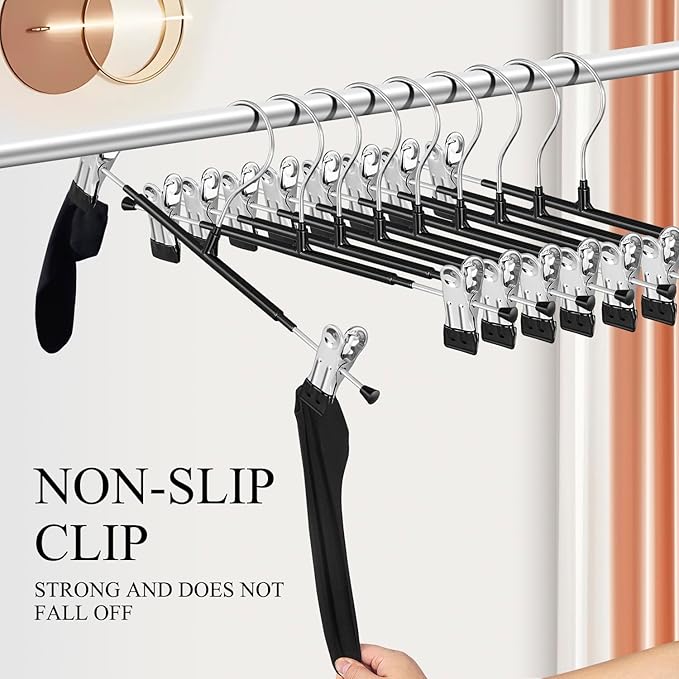 10 Pack 14Inch Heavy Duty Pants Skirt Hangers with Clips,Metal Trousers Hanger for Jeans Black Non Slip Women Shorts Hangers Saving Space Clothing Hanger for Adult,Men,Children,Kid,Baby