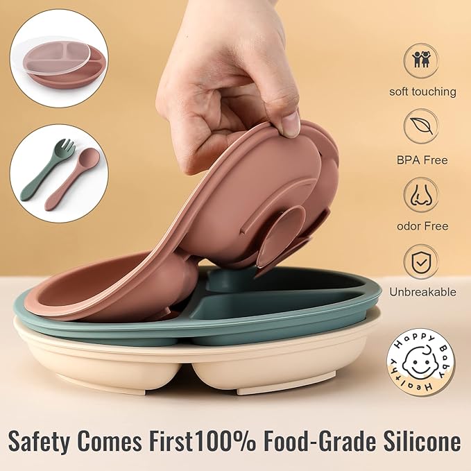 3 Pack Suction Plates with Lids and Utensils for Babies & Toddlers, 100% Food-Grade Silicone, Divided Design, Microwave & Dishwasher Safe