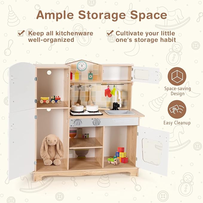 KOTEK Play Kitchen, Wooden Toddler Kitchen Playset w/Light and Sound/Blackboard/Microwave/Ice Maker/Oven/Stove/Faucet, Chef Pretend Play Toy, Kitchen Set for Kids, Gift for Girls Boys Age 3+(Natural)