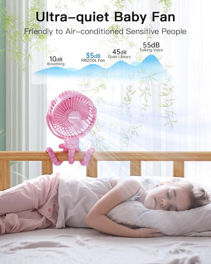 FRIZCOL 12000mAh Portable Stroller Fan, Use As Power Bank, 65H Battery Operated Fan Flexible Tripod Clip On Fans, Detachable Personal Handheld Baby Fans for Stroller, Car seat, Desk, Treadmill(Pink)