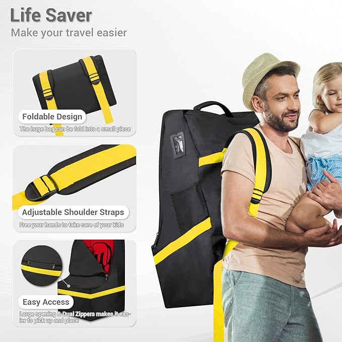 Car Seat Travel Bag - Padded, Comfortable, Durable, Roomy Gate Check Carseat Cover Backpack Fits 3-in-1,Convertible, Booster & Infant Car Seats for Airplane, Airport, Yellow
