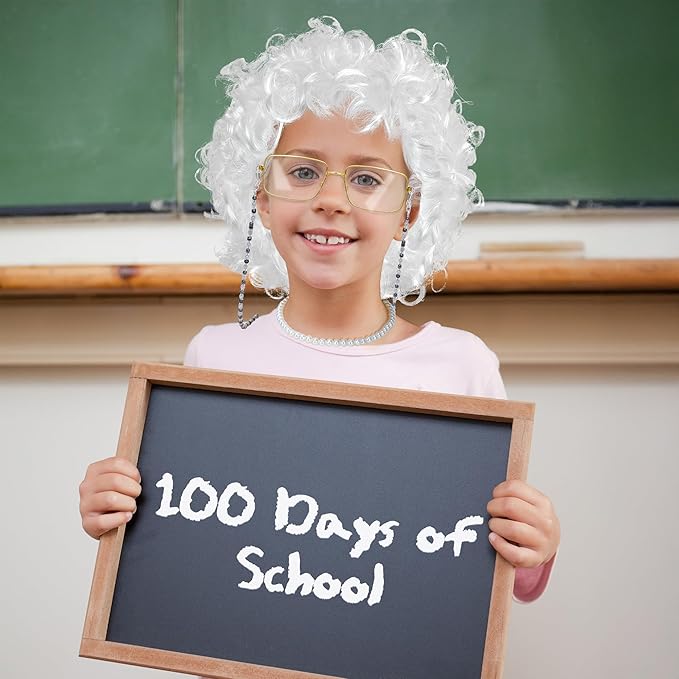 100 Days of School Costume, White Curly Wig Glasses Wig Cap Pearl Necklace Bracelet Accessories for Old Lady Costume