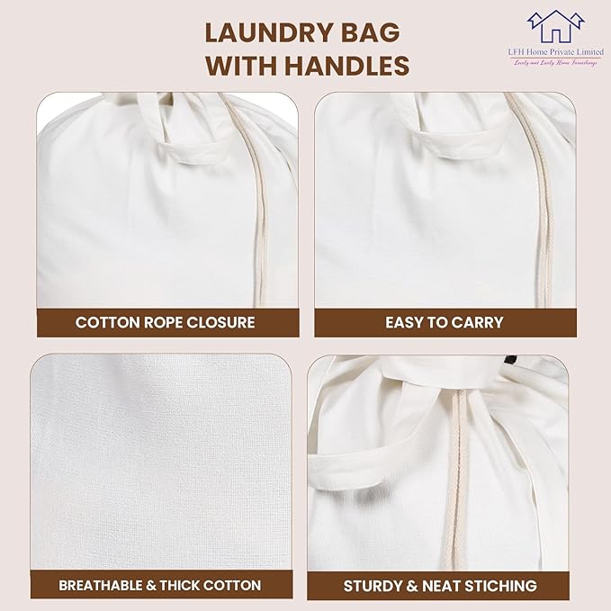 LFH Home Cotton Canvas Extra Large Laundry Bag with Handle, Stylish Drawstring Heavy Duty Laundry Bags For Travel, Home, Hotel, College Dorm and Camp Storage Bag 24x36 Inch, Machine Washable - White