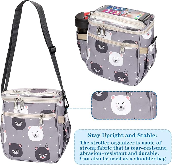 Baby Stroller Organizer Bag,Small Diaper Bag - Universal Stroller Organizer With Insulated Cup Holder,Pocket With Baby Wipes Dispenser,Adjustable Shoulder Strap (Light Gray)