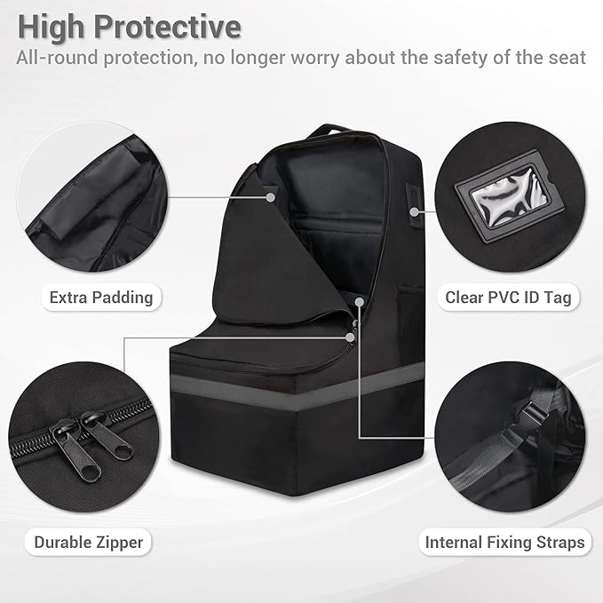 Car Seat Travel Bag - Padded, Comfortable, Durable, Roomy Gate Check Carseat Cover Backpack Fits 3-in-1,Convertible, Booster & Infant Car Seats for Airplane, Airport, Gray