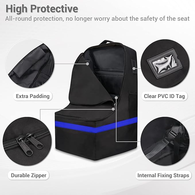 Car Seat Travel Bag - Padded, Comfortable, Durable, Roomy Gate Check Carseat Cover Backpack Fits 3-in-1,Convertible, Booster & Infant Car Seats for Airplane, Airport, Blue
