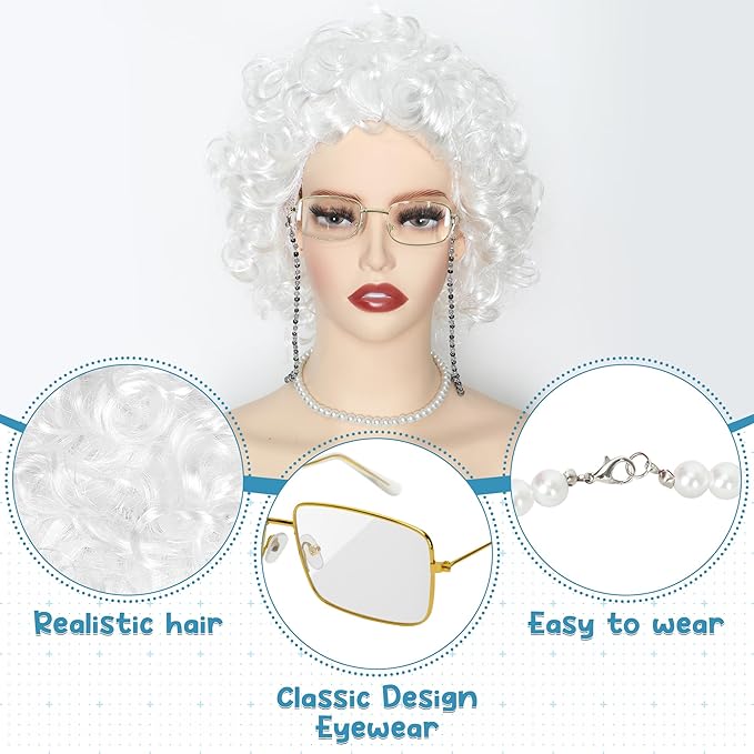 100 Days of School Costume, White Curly Wig Glasses Wig Cap Pearl Necklace Bracelet Accessories for Old Lady Costume