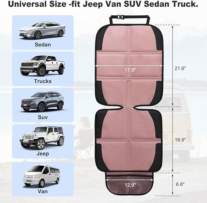 Car Seat Protector for Child, 2 Pack Baby Covers with Mesh Pockets & Non-Slip Backing 600D Durable Under Seat for Back (Rose Gold, Standard)