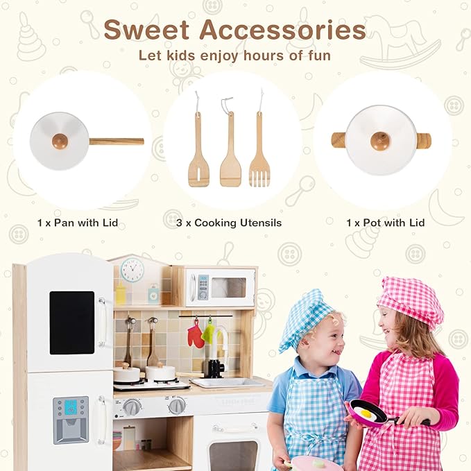 KOTEK Play Kitchen, Wooden Toddler Kitchen Playset w/Light and Sound/Blackboard/Microwave/Ice Maker/Oven/Stove/Faucet, Chef Pretend Play Toy, Kitchen Set for Kids, Gift for Girls Boys Age 3+(Natural)