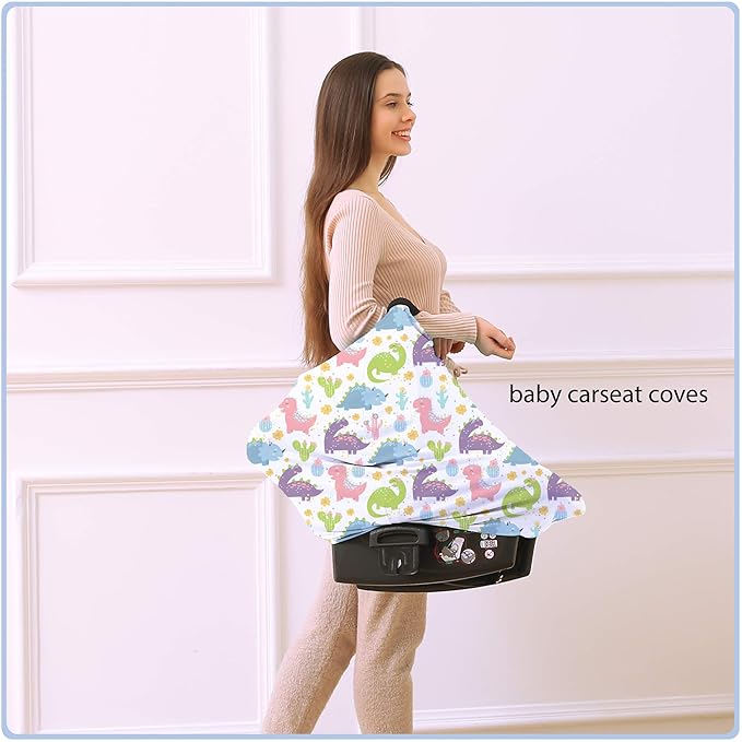 Car Seat Covers Canopy Cover - Multi-use Cover Carseat Canopy, Breathable Breastfeeding Cover, Car Seat Covers for Bbies, Boys & Girls Shower Gifts (Colorful Dinosaur)