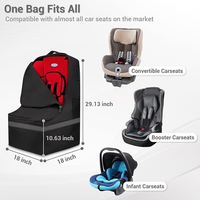 Car Seat Travel Bag - Padded, Comfortable, Durable, Roomy Gate Check Carseat Cover Backpack Fits 3-in-1,Convertible, Booster & Infant Car Seats for Airplane, Airport, Gray