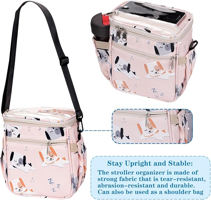 Baby Stroller Organizer Bag,Small Diaper Bag - Universal Stroller Organizer With Insulated Cup Holder,Pocket With Baby Wipes Dispenser,Adjustable Shoulder Strap(pink)