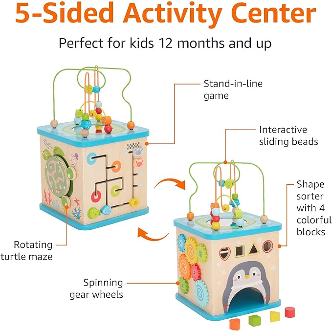 Amazon Basics Kids Wooden Educational Activity Learning Cube Toy, Gift for Toddlers Age 12M+, Developmental Shape Sorter, Multicolor, 13.4x22.5x13.4inches