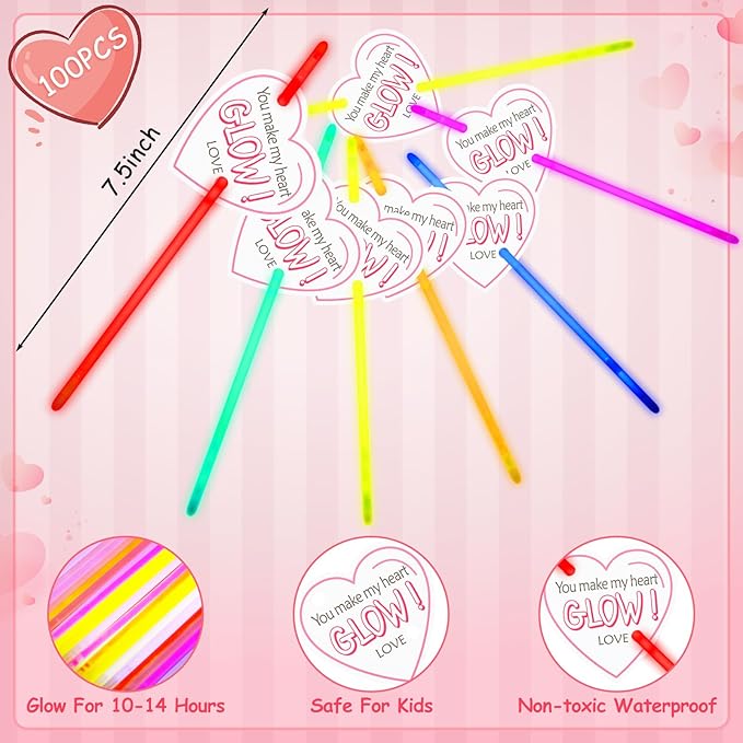 100 Sets Valentine's Day Party Supplies Gifts Include 100 Glow Sticks with 100 Heart Cards, Valentine Prize Exchange Cards Glow in the Dark Party Favors