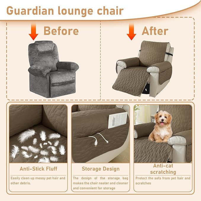 100% Waterproof Recliner Chair Covers for Reclining Chair, Small Recliner Covers That Stay in Place, Non-Slip Recliner Armchair Cover with Pockets for Kids, Pets, Dogs, Cat, Washable,Coffee,28