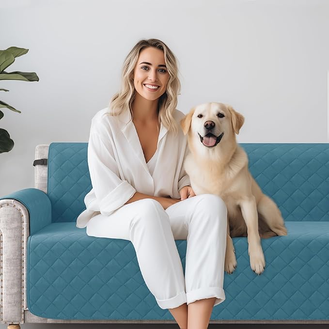 CHUN YI Loveseat Cover, Water Resistant Slipcover for 2 Cushion Couch, Washable Sofa Cover with Adjustable Strap Storage Pocket for Living Room Dog Pet (Loveseat, Blue)