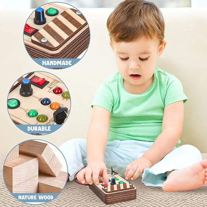 Joyreal Toddler Busy Board, Wooden Montessori Toys for 2 Year Old, Busy Board Toys with LED Light Switch, Sensory Toys Toddler Toys Age 2 Travel Toys for 2+ Year Old Boy