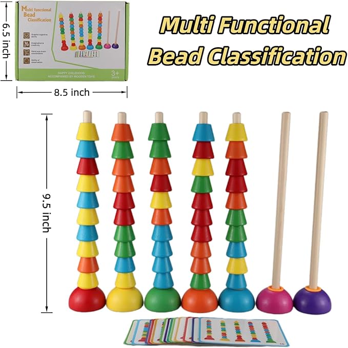 Wooden Stacking Ring Toy Set, Educational Color Pattern Matching Game with Activity Cards, Rainbow Colors,for 3 4 5 Year Old STEM Preschool Learning Montessori Toys Gifts for Kids Boy Girl Toddler