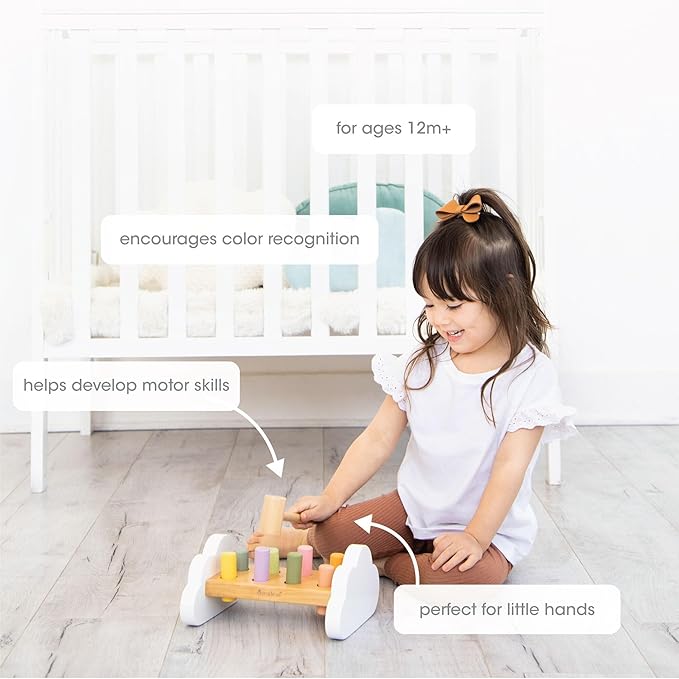 Pearhead Montessori Hammer Bench Toy, Pounding and Hammering Wooden Toy, Early Developmental Interactive Toddler Toy for Ages 1+ Years