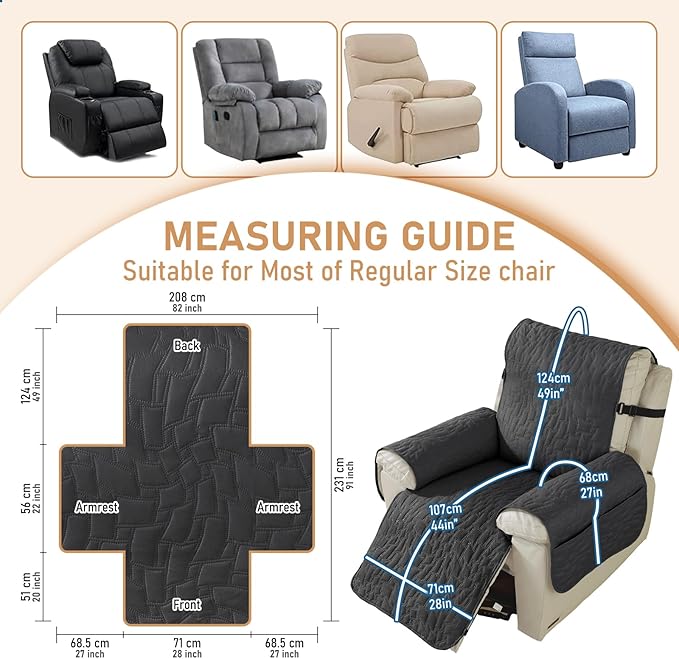 100% Waterproof Recliner Chair Covers for Reclining Chair, Small Recliner Covers That Stay in Place, Non-Slip Recliner Armchair Cover with Pockets for Kids, Pets, Dogs, Cat, Washable,Black,28I