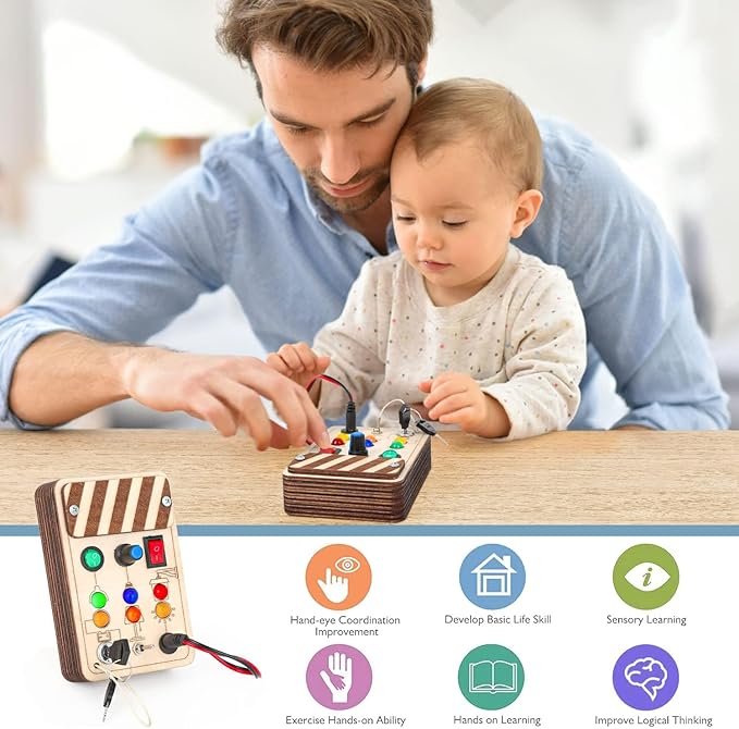 Joyreal Toddler Busy Board, Wooden Montessori Toys for 2 Year Old, Busy Board Toys with LED Light Switch, Sensory Toys Toddler Toys Age 2 Travel Toys for 2+ Year Old Boy