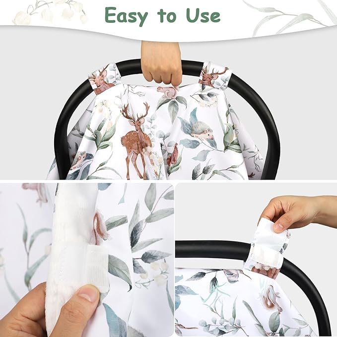 TANOFAR Baby Carseat Canopy, Peekaboo Opening Car Seat Canopy for Babies, Soft and Breathable Infant Carrier Canopy, Multi-use Baby Carrier, Stroller, Nursing Cover, Minky Blanket, Animal Leaf