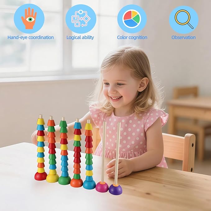 Wooden Stacking Ring Toy Set, Educational Color Pattern Matching Game with Activity Cards, Rainbow Colors,for 3 4 5 Year Old STEM Preschool Learning Montessori Toys Gifts for Kids Boy Girl Toddler