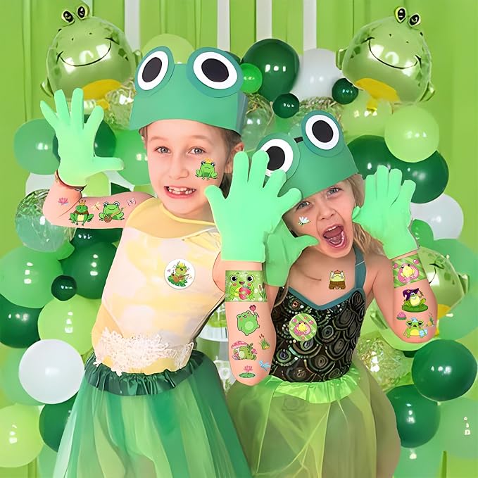 110 PCS Frog Party Favors, Frog Temporary Tattoos Slap Bracelets Keychains Stickers Badges Gift Bags for Frog Birthday Party Decorations Supplies Gifts for Kids Classroom Rewards Baby Shower