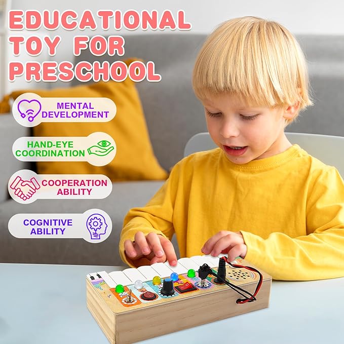 Busy Board Toys for Toddlers, Wooden Montessori Toys with Keys 6 Led Light Switch for Toddlers, Sensory Board Toys Educational Activity, Travel Toys & Gifts for Kids Boys and Girls 3+ Year Old