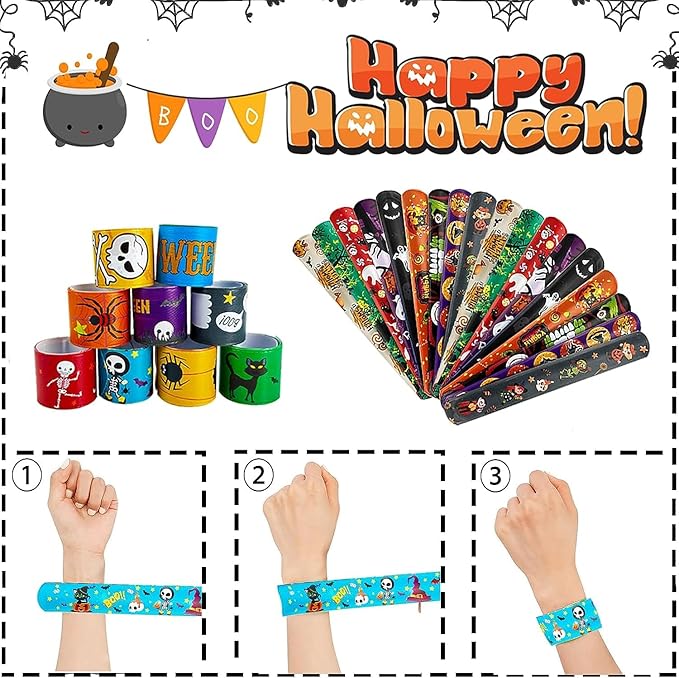 100Pcs Halloween Slap Bracelets, Halloween Party Favors Treat Toys for Kids Girls Boys, Slap Bracelets Bulk for Halloween Party Supplies, Halloween Treat Goodie Bags Gifts