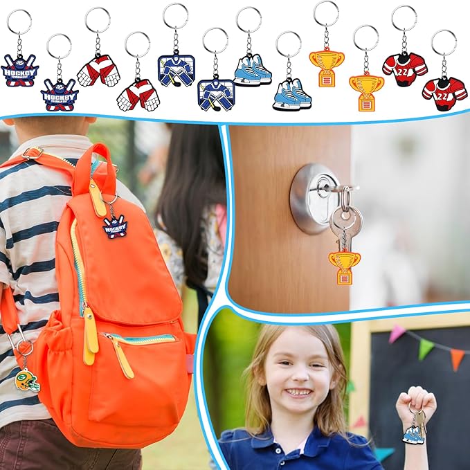 113 PCS Hockey Party Favors Set ,41 Hockey Stickers, 12 Goodie Bags,12 Button Badges,12 Slap Bracelets, 12 Balls, 12 Pencils, 12 Keychains for Ice Hockey Sports Party Birthday Gift Supplies