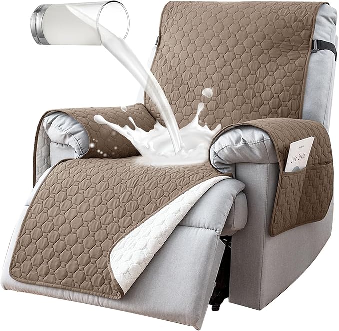 100% Waterproof Recliner Chair Covers That Stay in Place, Non-Slip Recliner Armchair Cover with 5 Pockets, Elastic Straps, Washable Reclining Chair Protector for Kids, Pets, Dogs (Khaki, 30inch)