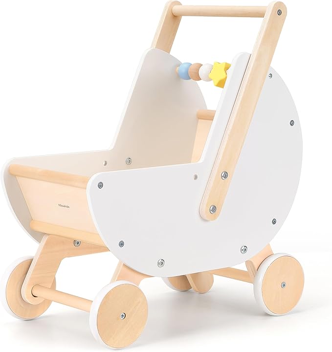 Wooden Baby Walker & Doll Stroller – Adjustable Handle Push Cart, Anti‑Tip, Quiet Wheels, Pretend Shopping Cart – Montessori Wooden Walker for Babies , Doll Stroller for Toddlers 12m+