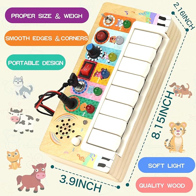 Busy Board Toys for Toddlers, Wooden Montessori Toys with Keys 6 Led Light Switch for Toddlers, Sensory Board Toys Educational Activity, Travel Toys & Gifts for Kids Boys and Girls 3+ Year Old