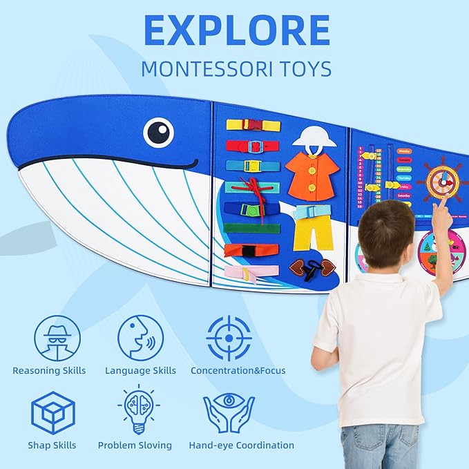 Whale Busy Board Montessori Busy Board, Sensory Toys Toddler Toys Sensory Wall Activity for Toddler- Preschool Learning Panel Center for Kids 3+ Year Old Boys Gifts Girls Gifts(Birthday Christmas) 