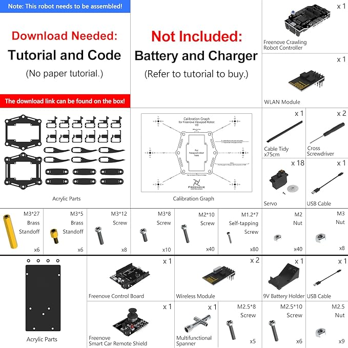FREENOVE Hexapod Robot Kit with Remote (Compatible with Arduino IDE), App Remote Control, Walking Crawling Twisting Servo STEM Project
