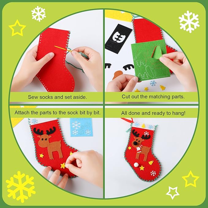 10 Pieces Felt Christmas Craft DIY Christmas Felt Stockings with Ornaments Handmade Sewing Sock Kits for Kids Christmas Favors Decorations Crafts Kits Christmas Party Hand DIY Supplies, 5 Styles