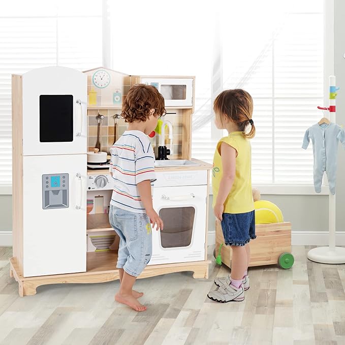 KOTEK Play Kitchen, Wooden Toddler Kitchen Playset w/Light and Sound/Blackboard/Microwave/Ice Maker/Oven/Stove/Faucet, Chef Pretend Play Toy, Kitchen Set for Kids, Gift for Girls Boys Age 3+(Natural)