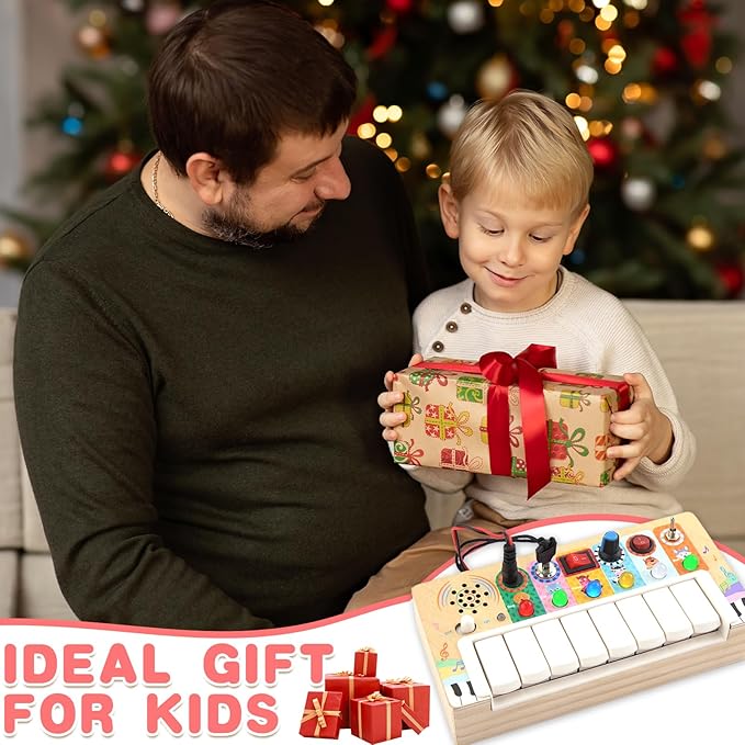 Busy Board Toys for Toddlers, Wooden Montessori Toys with Keys 6 Led Light Switch for Toddlers, Sensory Board Toys Educational Activity, Travel Toys & Gifts for Kids Boys and Girls 3+ Year Old